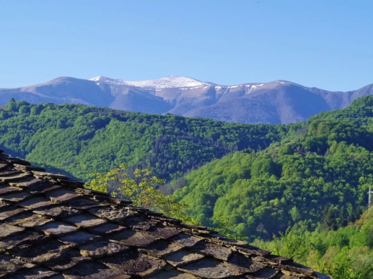 Traditional stone roof with stunning green mountain views in Central Balkan, Bulgaria.