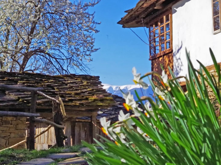Traditional Bulgarian guest house with blossoming garden and scenic Balkan mountain views.