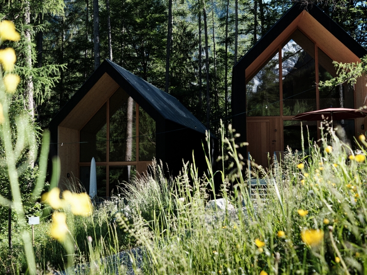 2 chalets im Sommer, Zwei Sommerchalets in den Waldchalets Brandnertal, Unterkünfte inmitten der Natur. Ländliche Chalets in Schedlerhof, Brand.